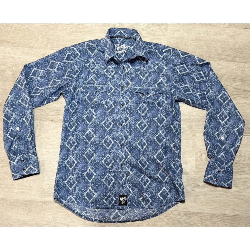 Wrangler Rock 47 Pearl Snap Western Shirt Mens Small Blue Geometric Cowboy